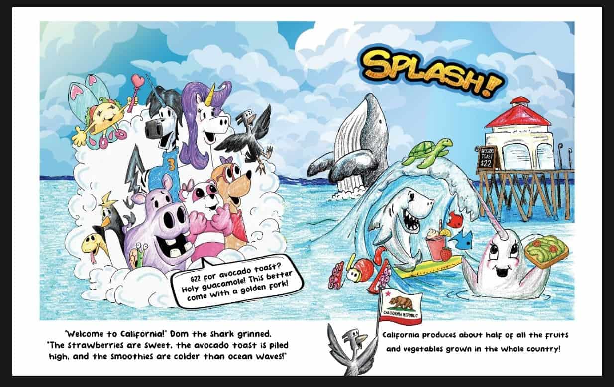 Colorful cartoon of anthropomorphic animals enjoying a fun day at the beach, with playful splashes, a shark, and vibrant fruit-themed characters, emphasizing family-friendly entertainment and California produce.