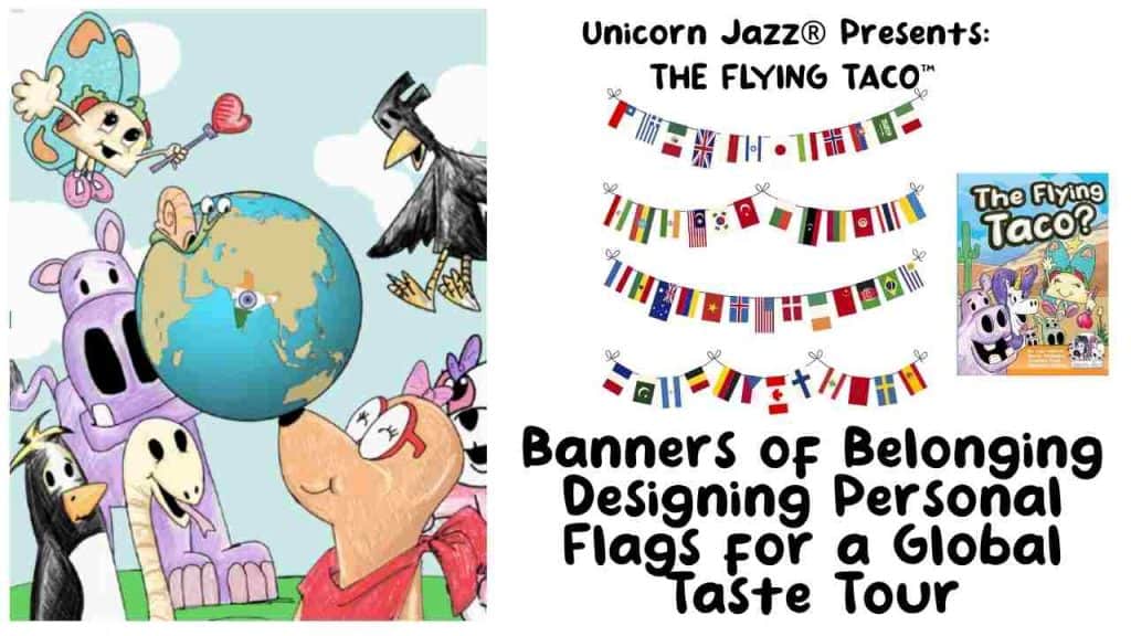 Colorful cartoon characters celebrating around a globe with festive flags and banners, promoting Unicorn Jazz's global-themed personal flags and banners for cultural events and international tours.