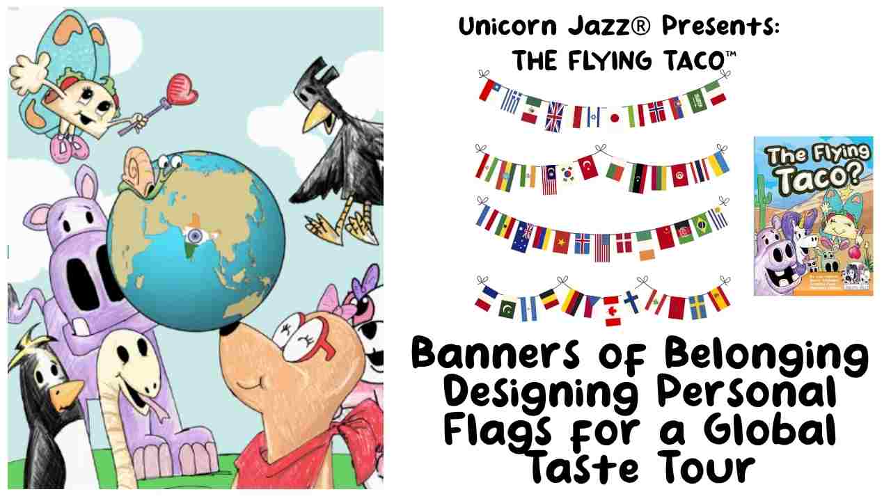 Colorful cartoon characters celebrating around a globe with festive flags and banners, promoting Unicorn Jazz's global-themed personal flags and banners for cultural events and international tours.