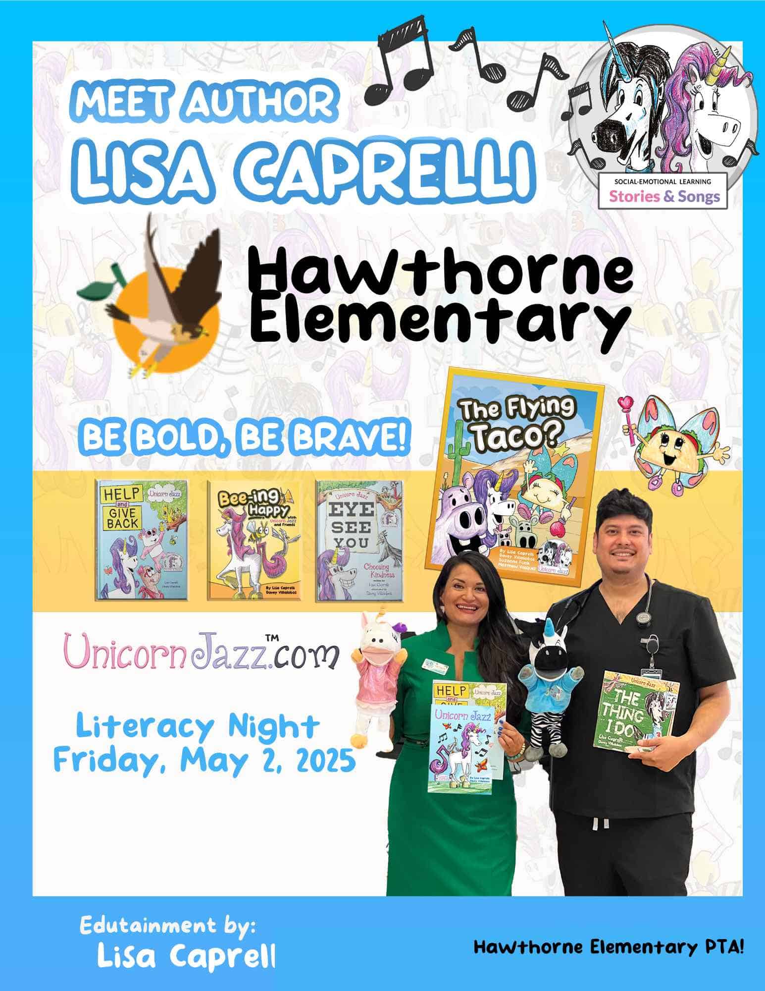 Colorful educational book fair poster featuring unicorn characters and authors at Unicorn Jazz, promoting literacy night with bright visuals and engaging storytelling for young readers.