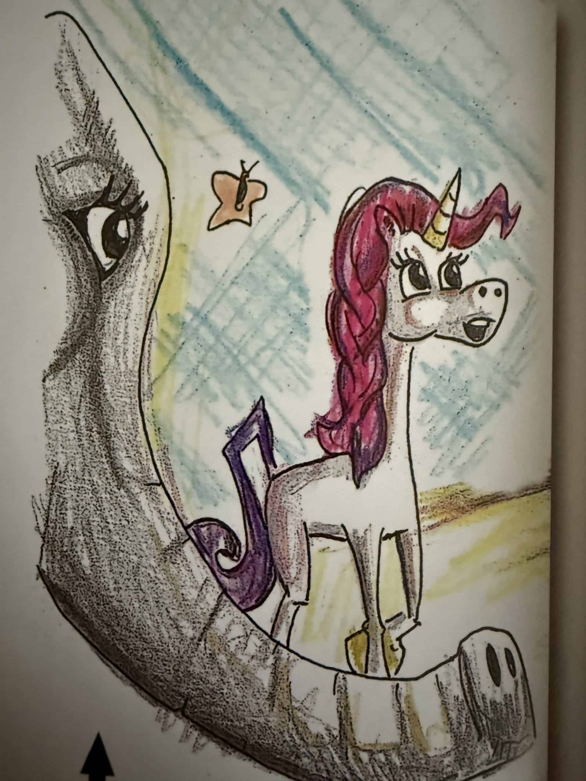 Colorful unicorn with a pink mane, golden horn, and purple tail, sitting on a doodle circular background with a butterfly and a face sketch, illustrating whimsical fantasy art for kids and unicorn lovers.
