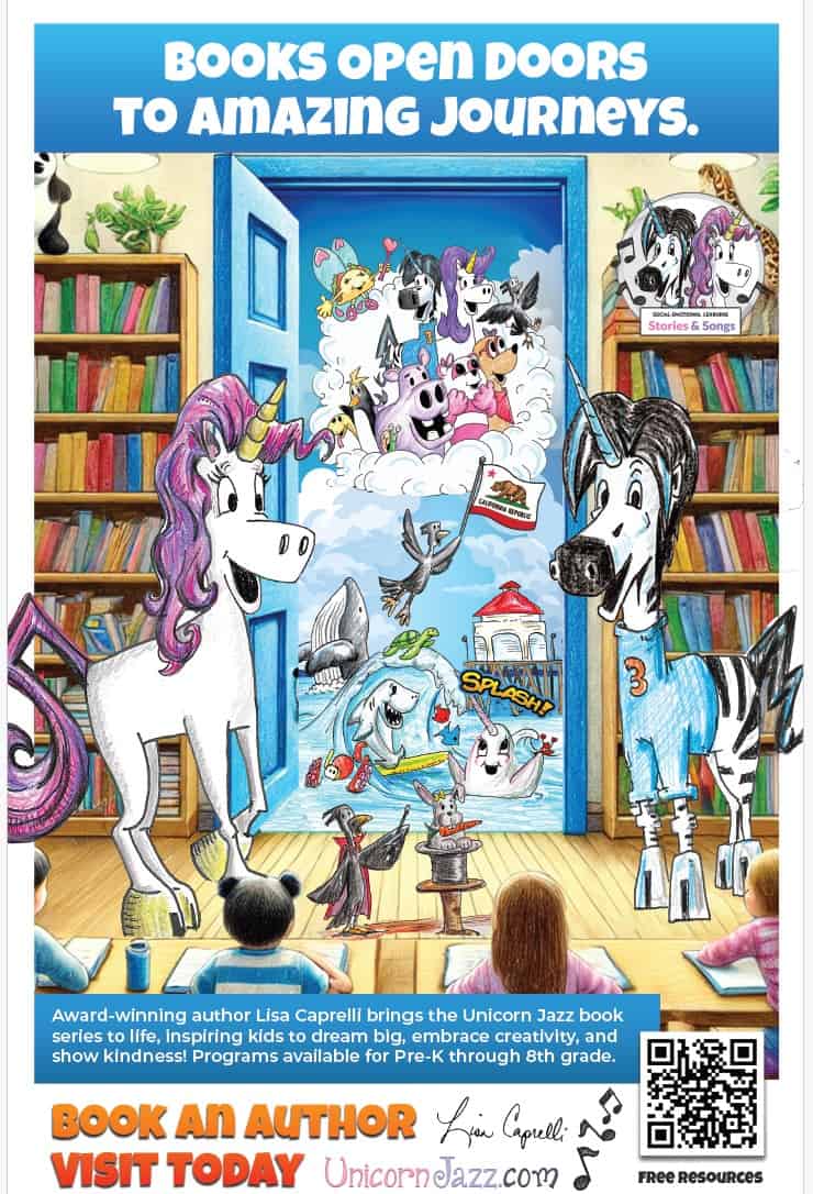 Unicorn Jazz book series characters performing storytelling on stage in a colorful library setting with kids watching, promoting creativity, kindness, and early childhood literacy.