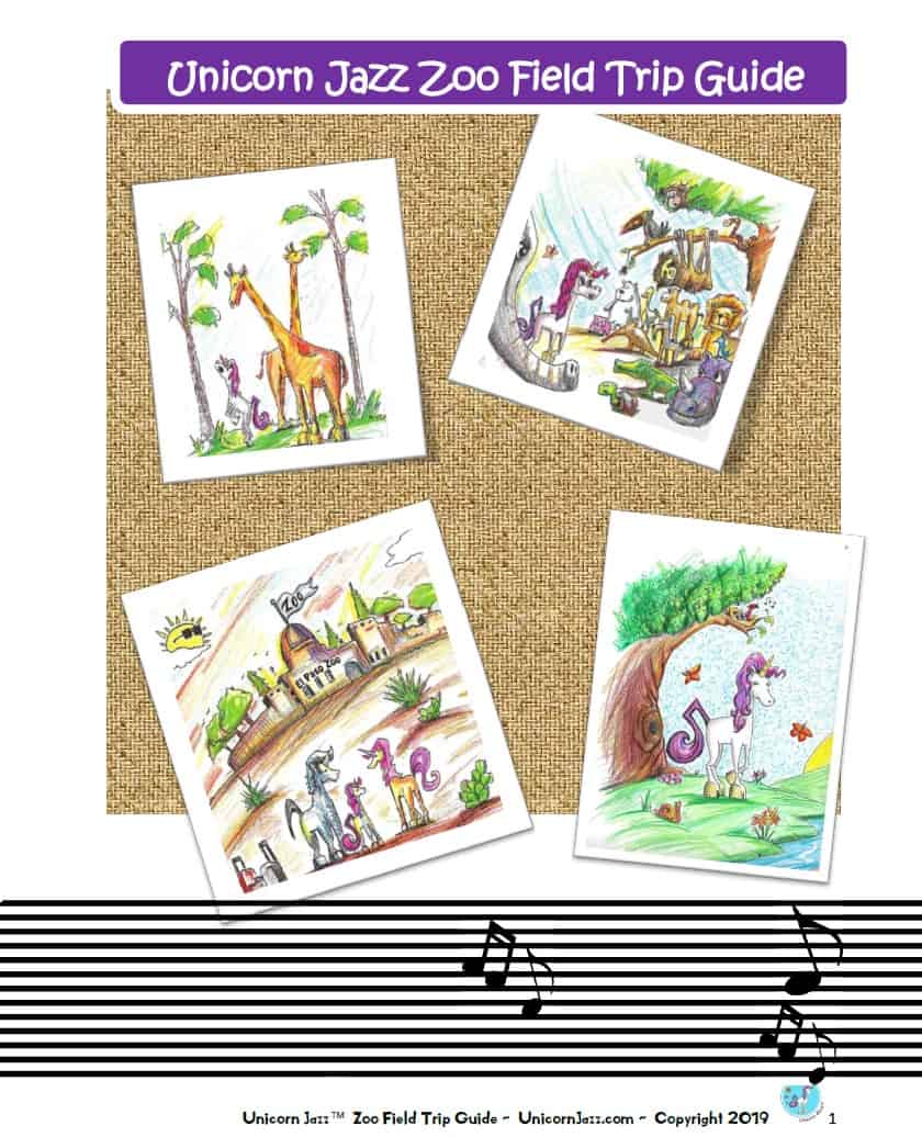 Giraffe and zebra cartoon illustrations for Unicorn Jazz Zoo Field Trip Guide, featuring whimsical animal characters in colorful zoo scenes for children.