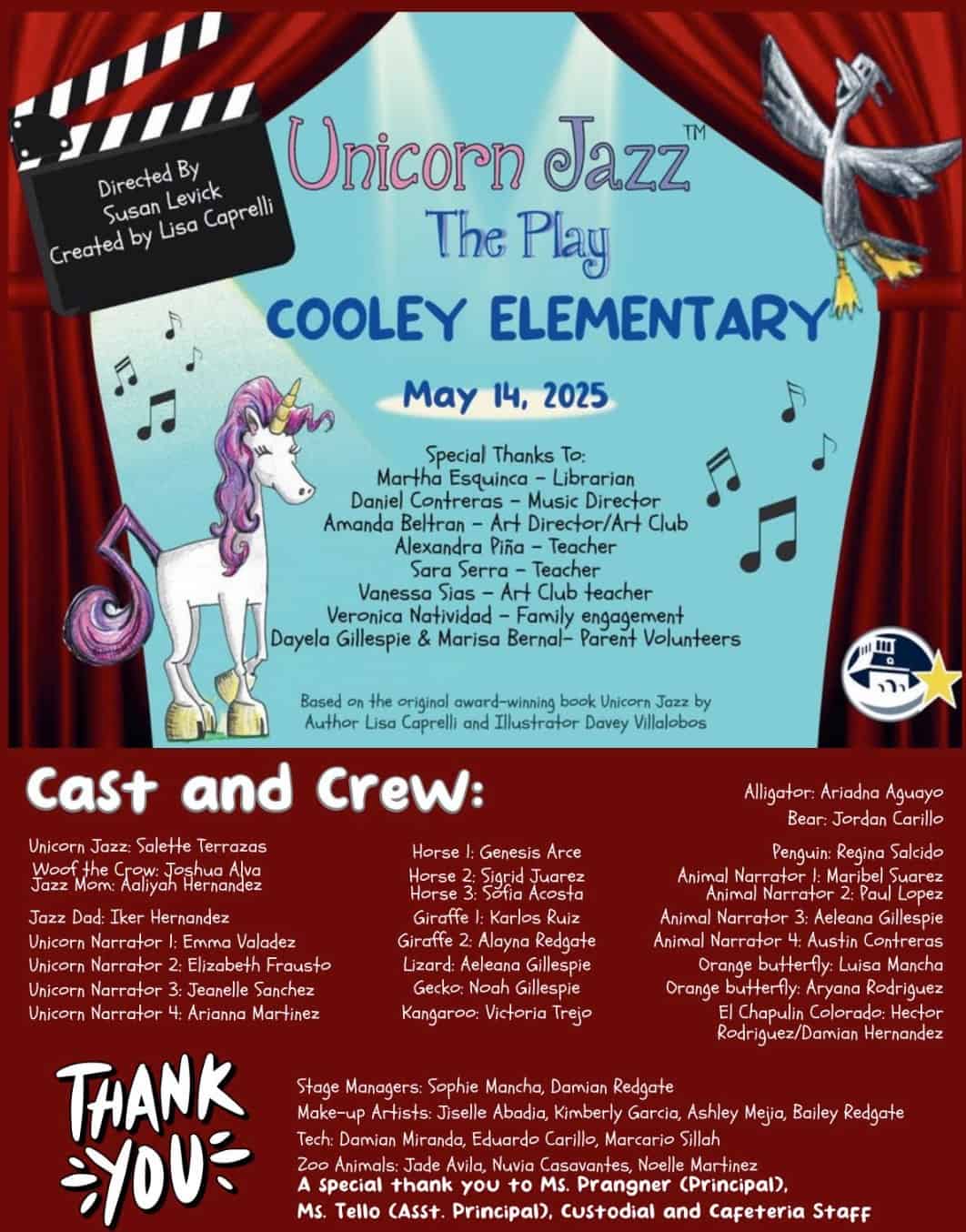 Unicorn Jazz themed event poster for Cooley Elementary School's play, featuring a unicorn, musical notes, and cast list, promoting a children’s musical show with colorful and whimsical design.