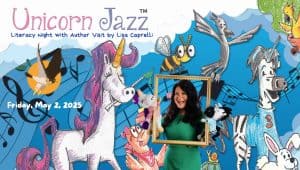 Colorful Unicorn Jazz-themed event banner with musical notes, unicorns, and cartoon characters celebrating literacy night with author visit.