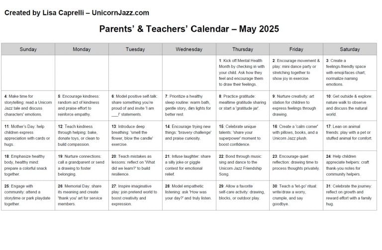 Encouraging kindness and self-care activities for children and parents in May 2025 with Unicorn Jazz-themed educational ideas and inspiring routines.