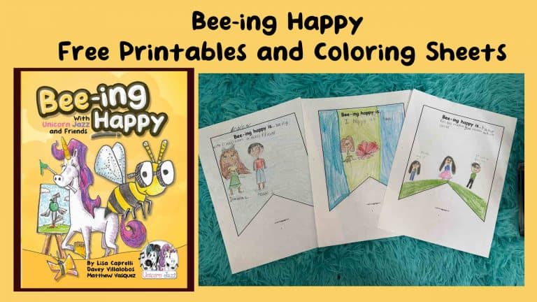 Colorful children's coloring sheets inspired by unicorns, bees, and jazz, promoting creativity and fun, available for free download from Unicorn Jazz website.