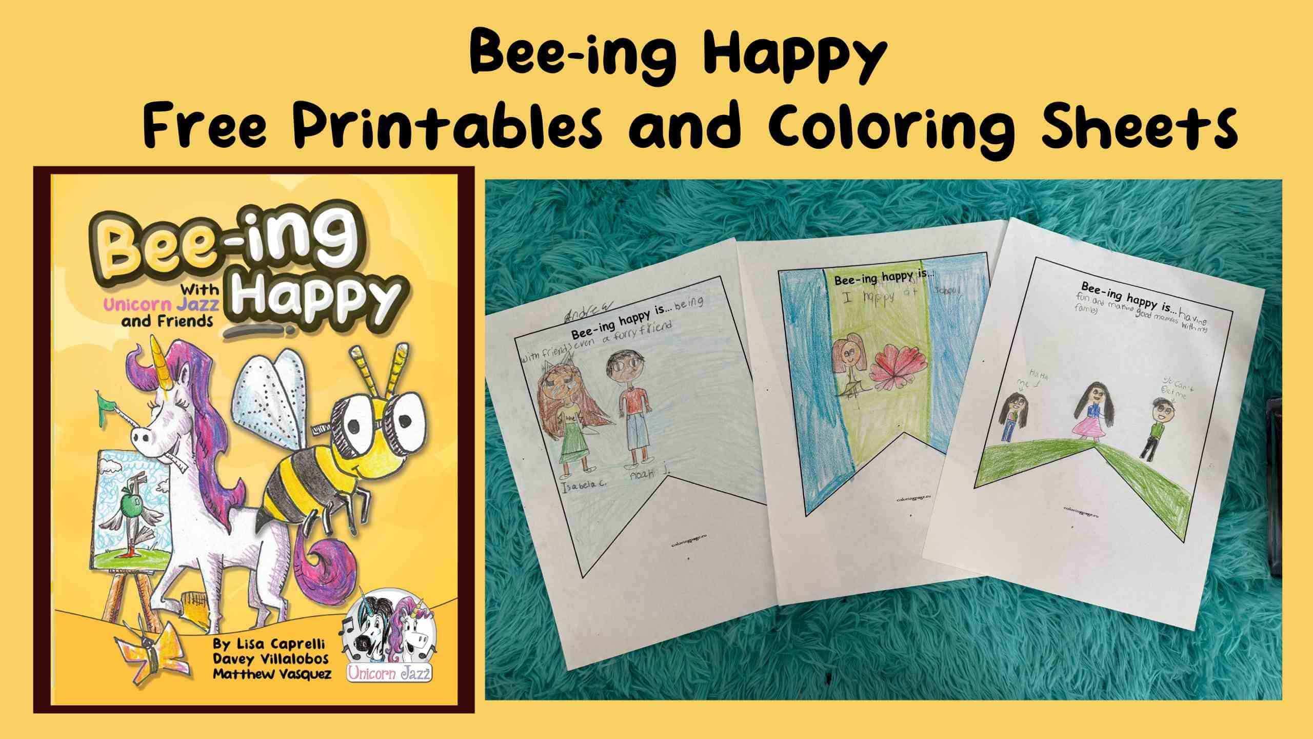 Colorful children's coloring sheets inspired by unicorns, bees, and jazz, promoting creativity and fun, available for free download from Unicorn Jazz website.