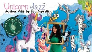 Whimsical unicorn and animal characters with a musical theme at Roberta Semple Elementary School, featuring colorful artwork and a cheerful author visit photo for children's literacy and education promotion.