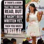 Inspirational quote from Toni Morrison about writing books that haven't been written yet, featured at Unicorn Jazz event with a smiling woman speaker.