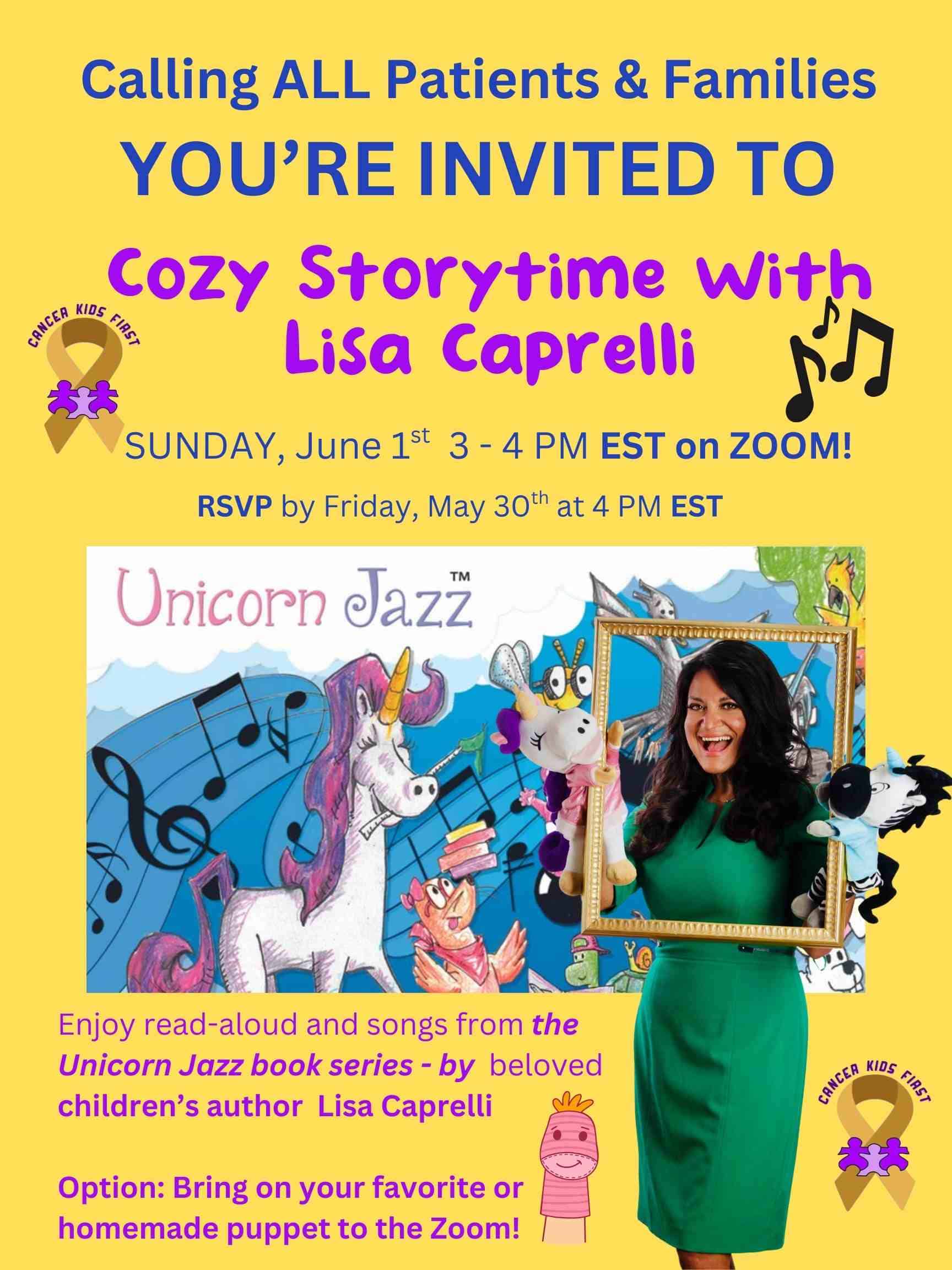 Engaging children’s storytime with Lisa Caprelli, highlighting Unicorn Jazz book series, featuring read-aloud songs, and virtual puppets for kids' entertainment and education.