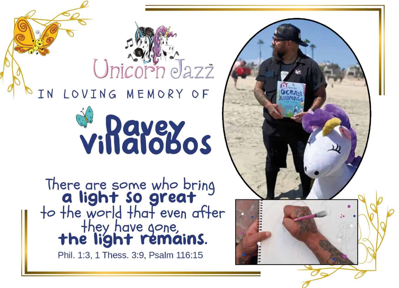 Inspiring image of man holding a book titled "Ocean Animals" at the beach, with a colorful unicorn plush toy nearby, celebrating the memory of Davey Villarobos through Unicorn Jazz.