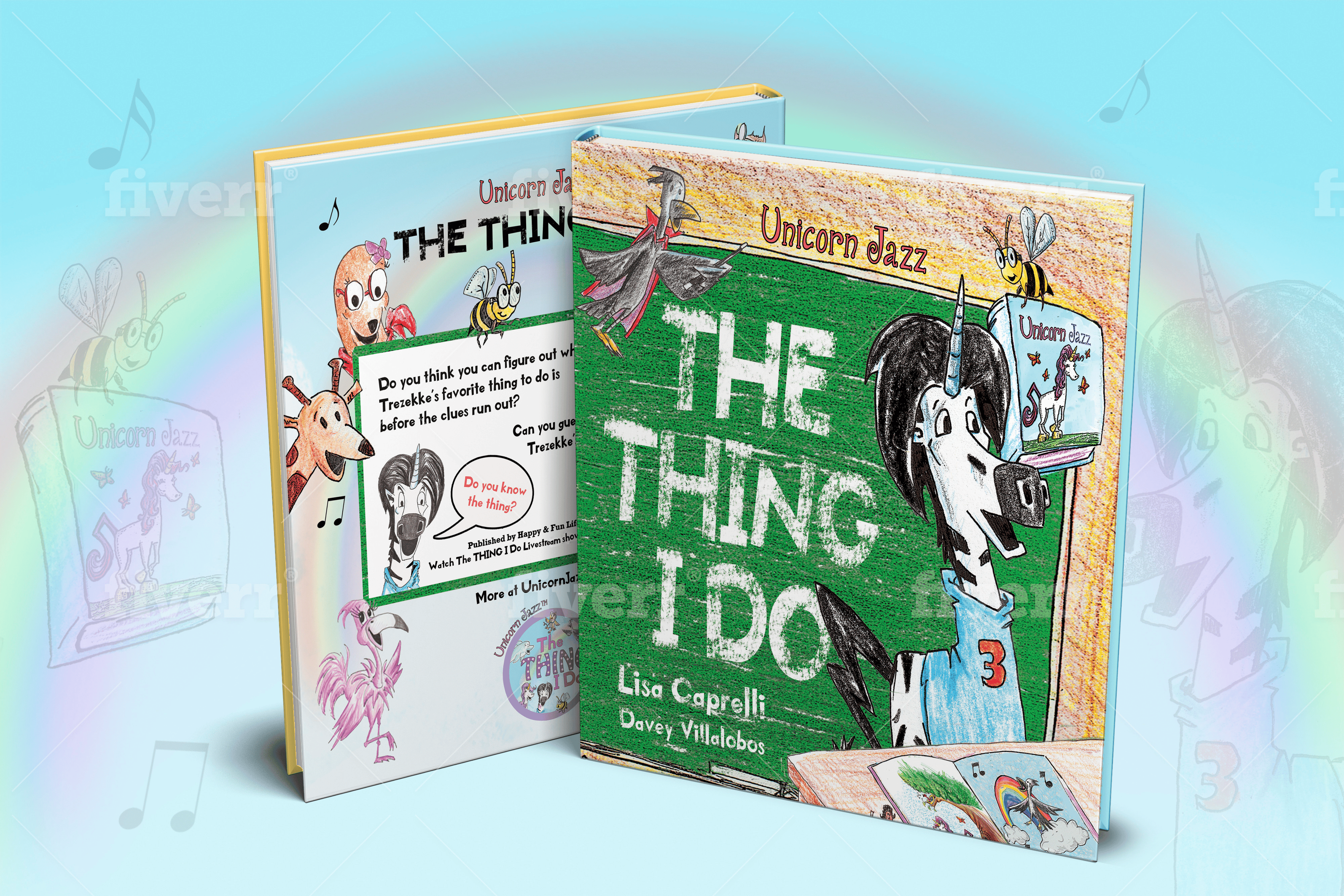 Whimsical children's book on Unicorn Jazz titled "The Thing ID" with colorful cartoon illustrations and animal characters, perfect for young readers interested in fun, musical stories.