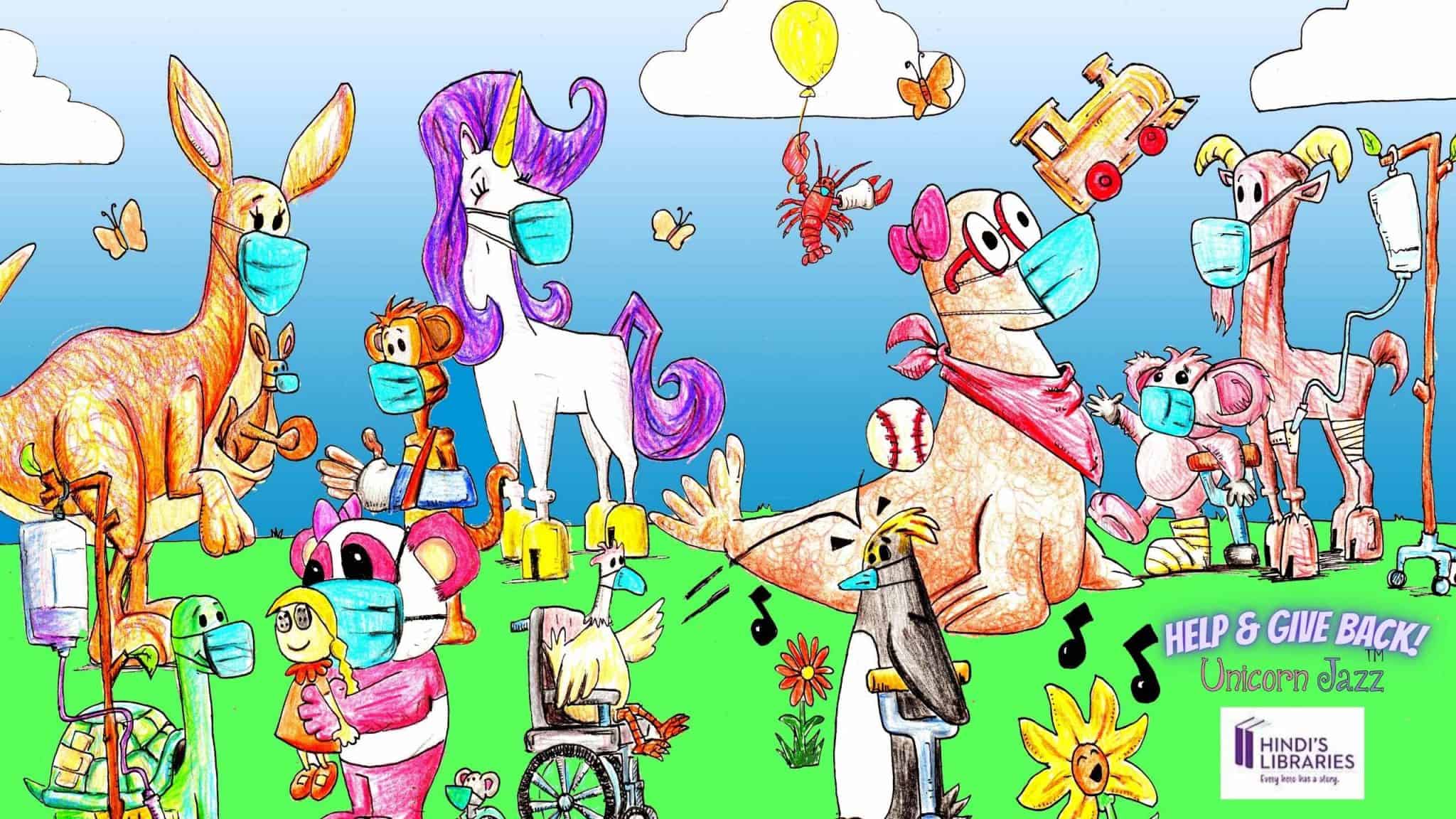 Unicorn Jazz characters wearing masks supporting health awareness and charity events against COVID-19.