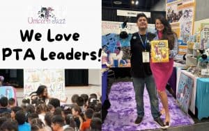 Unicorn Jazz booth with plush toys and books at an educational event promoting PTA leadership and children's literacy.
