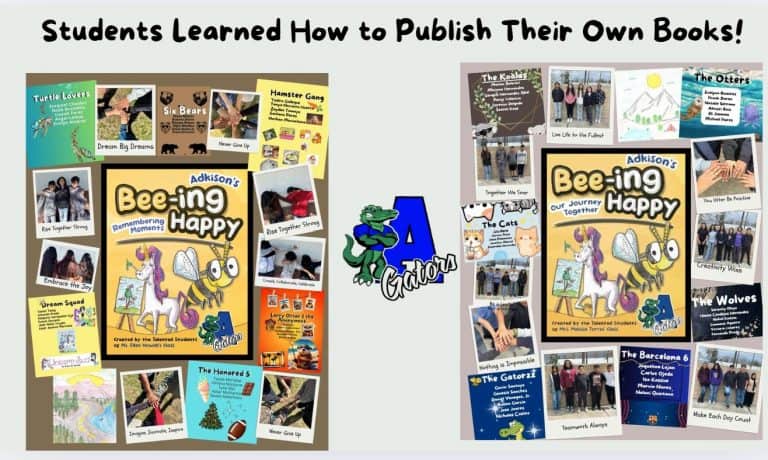 A vibrant collage of student-created book covers and artwork showcasing the process of publishing their own books at Unicorn Jazz.