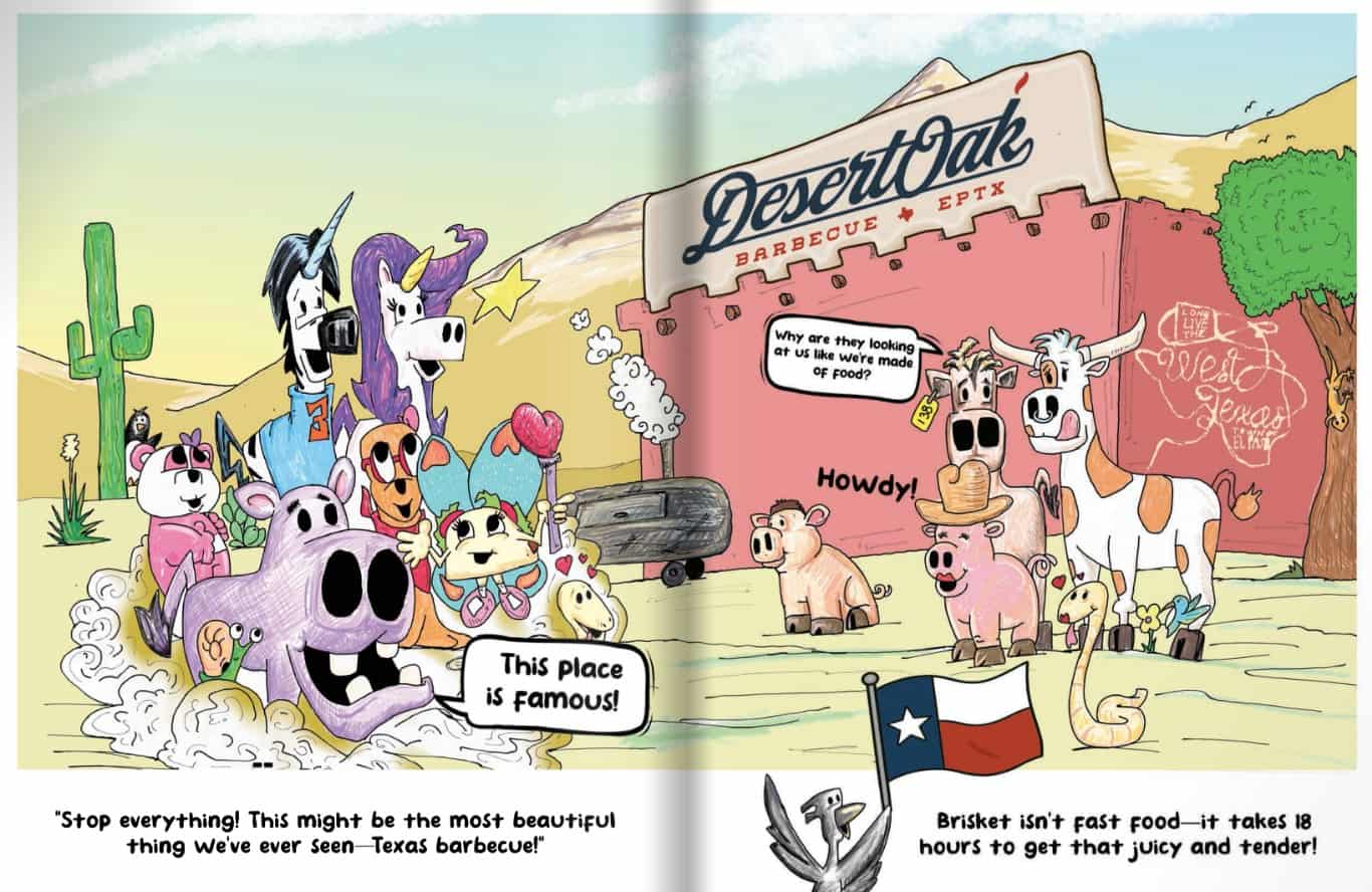 Colorful cartoon farm scene featuring unicorns, cows, pigs, and chickens at a Texas barbecue restaurant, showcasing whimsical characters, Texas-themed elements, and playful dialogue for children's entertainment.