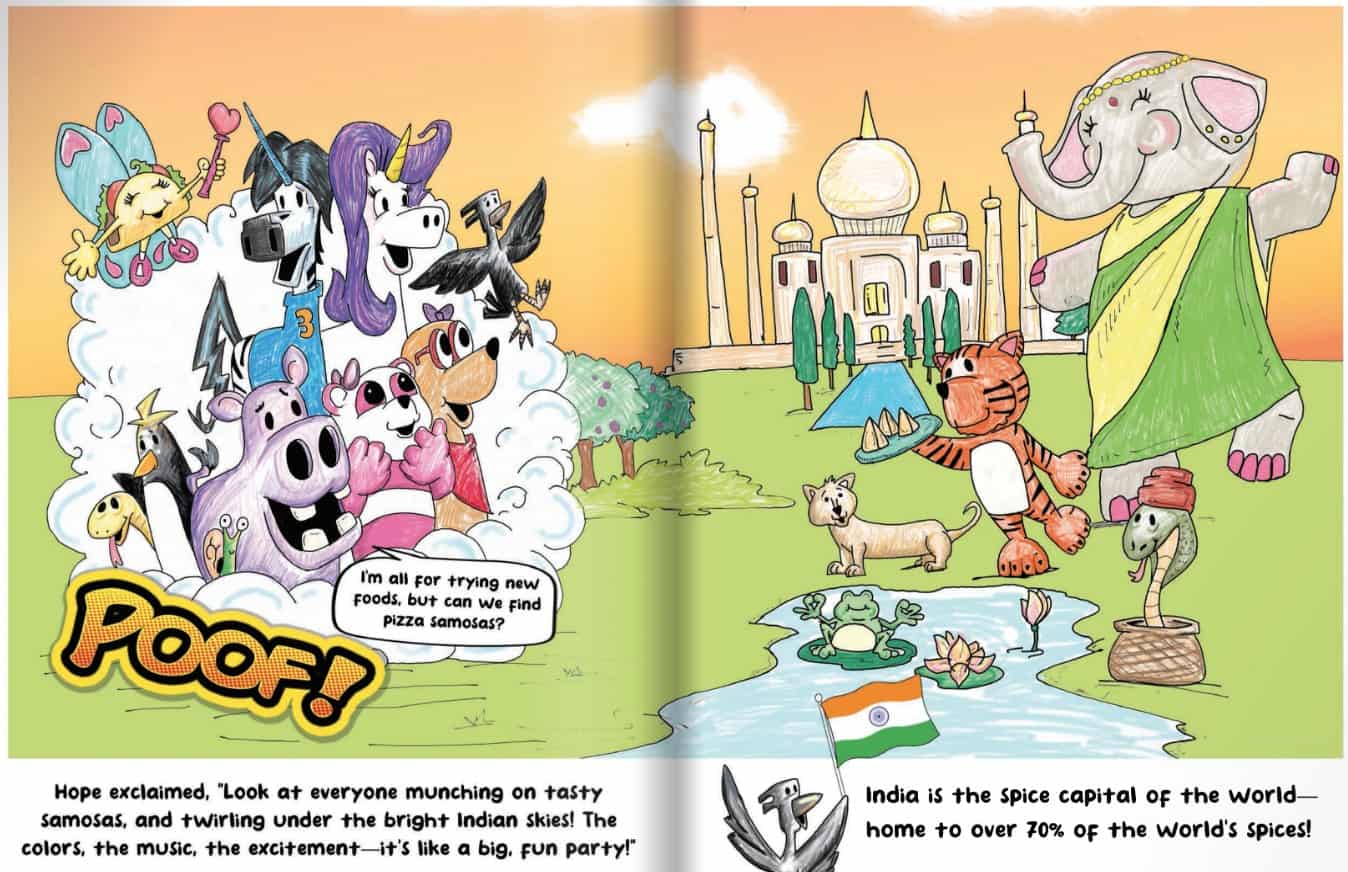 Colorful cartoon animals having fun in a whimsical scene reflecting Indian culture, featuring a palace, animals, and festive elements for children’s entertainment and multicultural education.