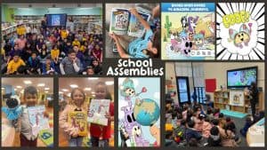 Children enjoying storytime and book activities at Unicorn Jazz school events.