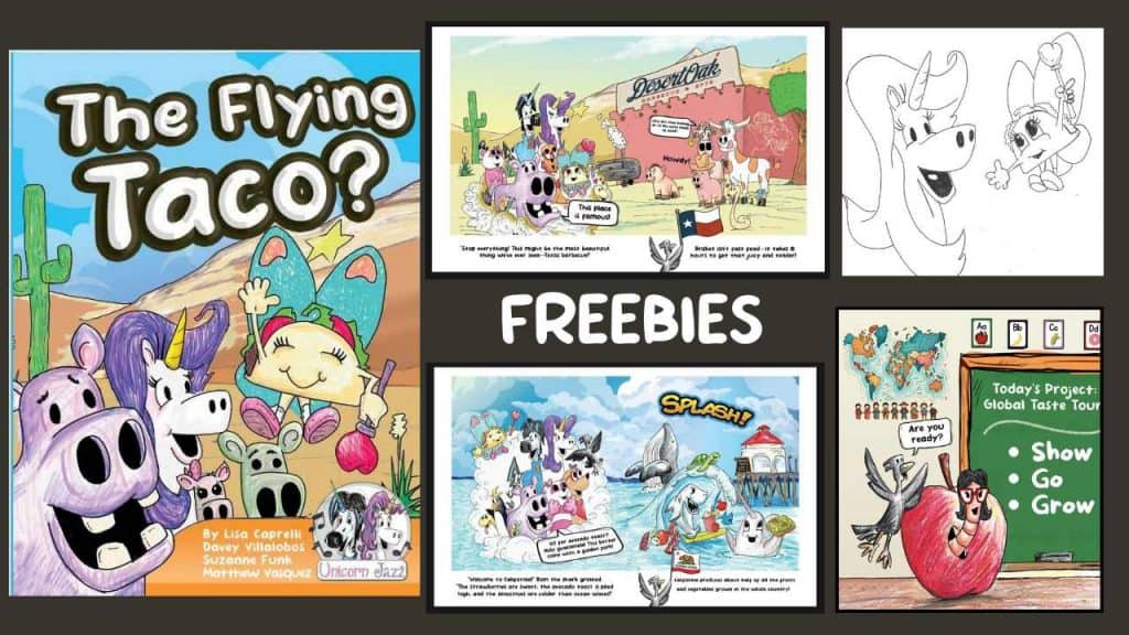 Cute unicorn characters from Unicorn Jazz’s children’s books, featuring colorful illustrations, playful scenes, and educational freebie resources for kids.