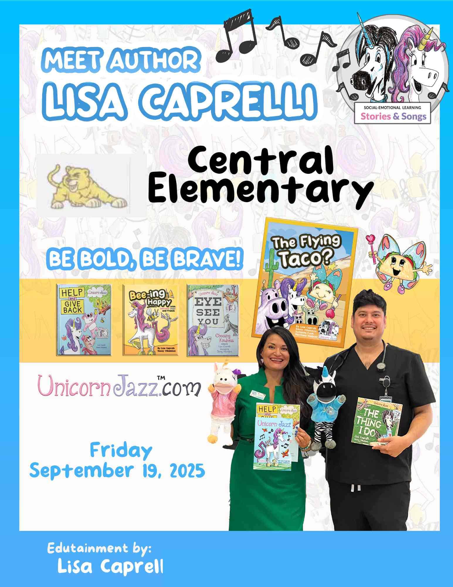 Bright educational poster featuring authors Lisa Caprelli promoting children’s storybooks at Central Elementary, highlighting storytelling, songs, and educational resources for early learning.