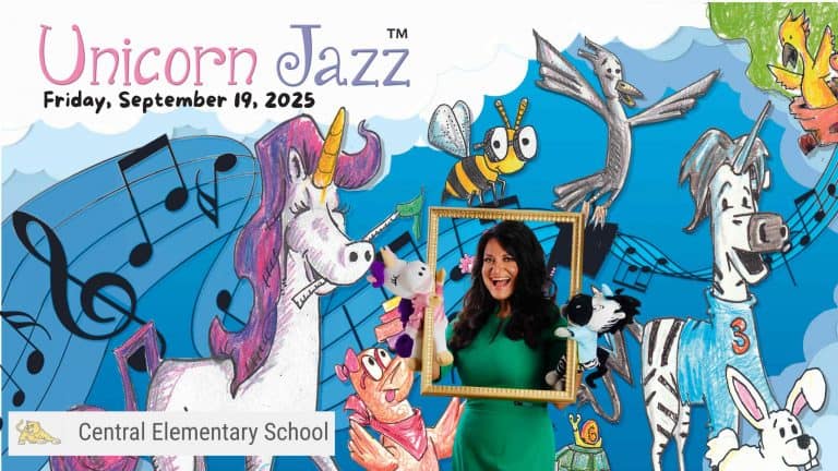 Unicorn Jazz event poster for children's music concert at Central Elementary School on September 19, 2025, featuring vibrant cartoon animals and a smiling woman holding plush toys.