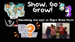 Vibrant educational graphic promoting children’s learning about brain myths, featuring colorful illustrations, a classroom photo, and playful characters to engage young students in debunking left vs. right brain misconceptions.