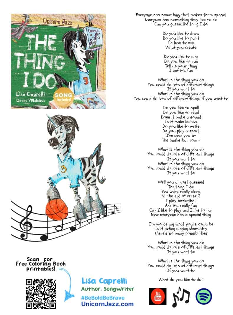 Unicorn Jazz children's book cover with colorful illustrations of a unicorn and a zebra playing basketball, promoting fun and creativity through music, art, and imagination for young kids.
