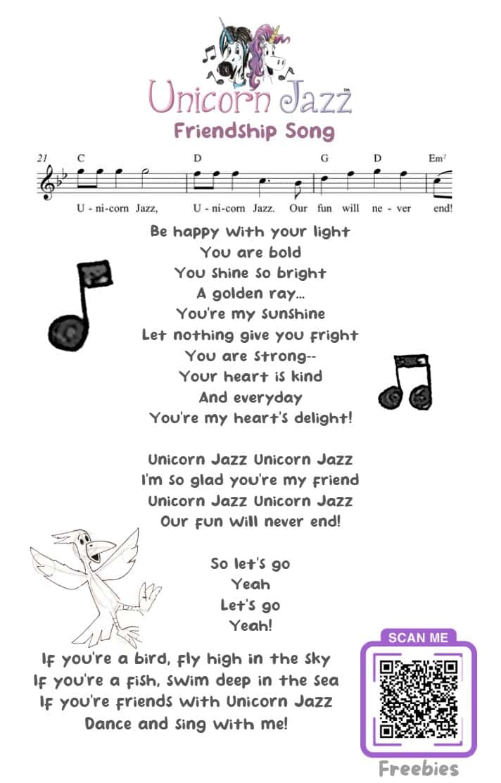 Unicorn Jazz friendship song lyrics with musical notes and playful illustrations of a unicorn and bird, promoting friendship, happiness, and positivity through music. Great for children’s educational content.