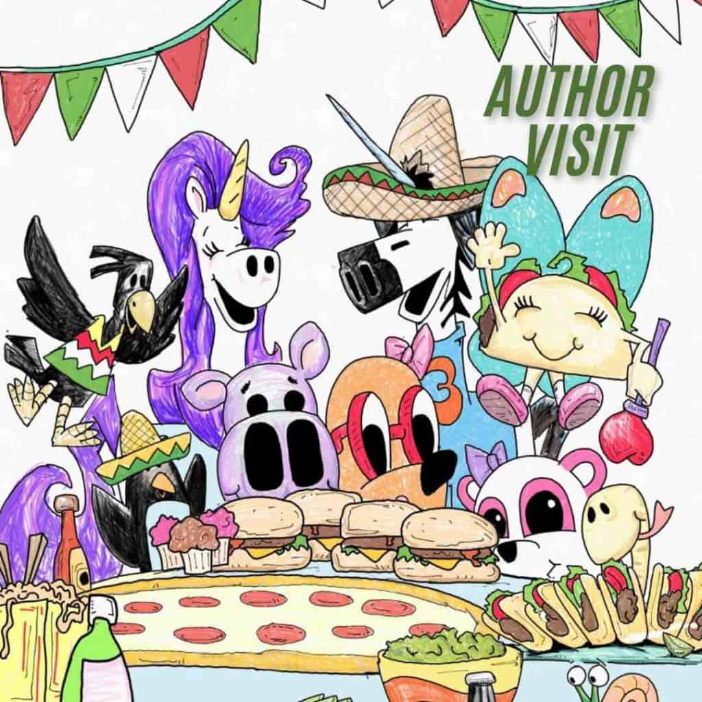 Colorful cartoon unicorn and animal characters celebrating at a festive party with food, decorations, and a cheerful atmosphere, showcasing playful and whimsical illustrations for Unicorn Jazz.