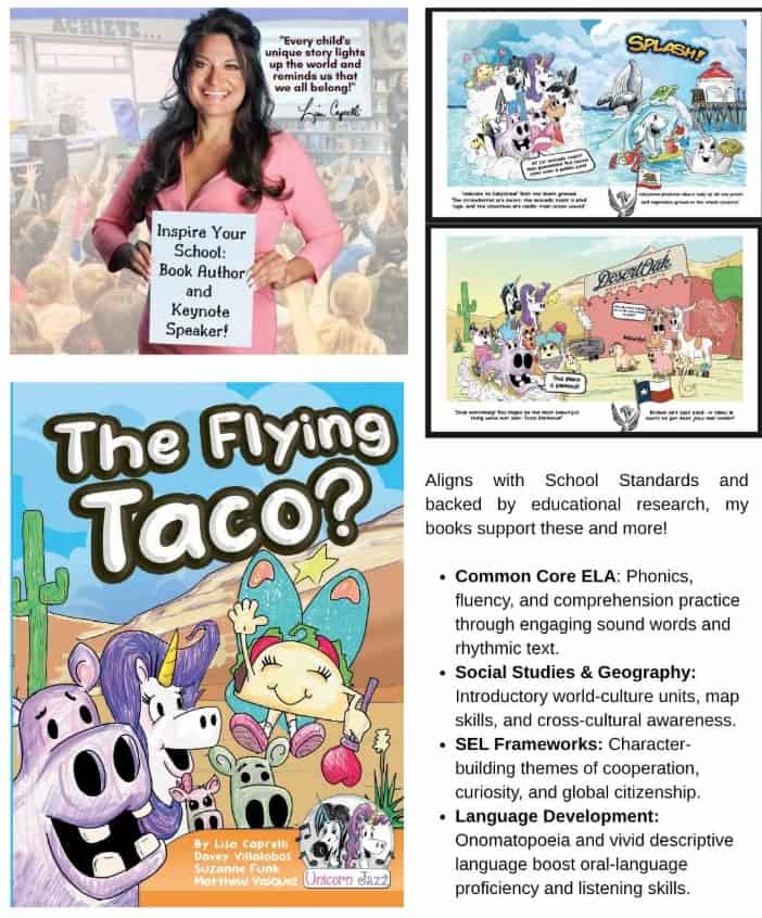 The Flying Taco book cover with colorful cartoon animals and desert background highlighting educational themes for children, authored by Lisa Caprali and Dovey Vullabos, promoting literacy and cultural awareness.