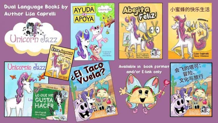 Colorful unicorn and bee characters from Unicorn Jazz book series by Lisa Caprelli, showcasing dual language children's books in English and Mandarin, designed to inspire imagination, adventure, and bilingual learning.