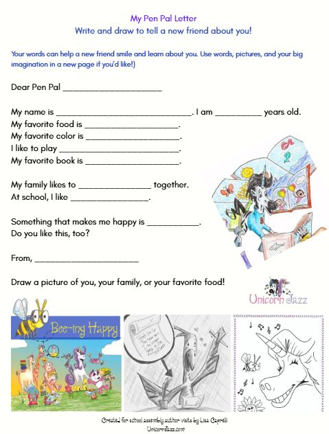 unicorn jazz pen pal letter for school friends teacher led
