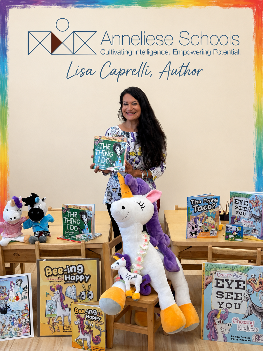 Children’s author Lisa Caprelli reading a Unicorn Jazz book to preschool students during an Orange County school visit