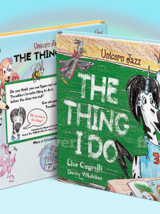 Whimsical children's book on Unicorn Jazz titled "The Thing ID" with colorful cartoon illustrations and animal characters, perfect for young readers interested in fun, musical stories.